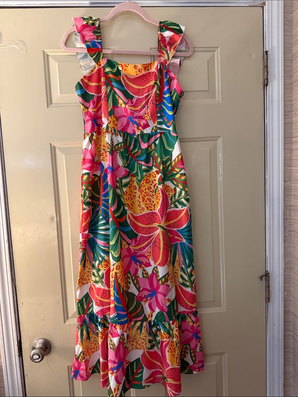 SHEIN Pink Green Yellow Tropical Floral Maxi Dress